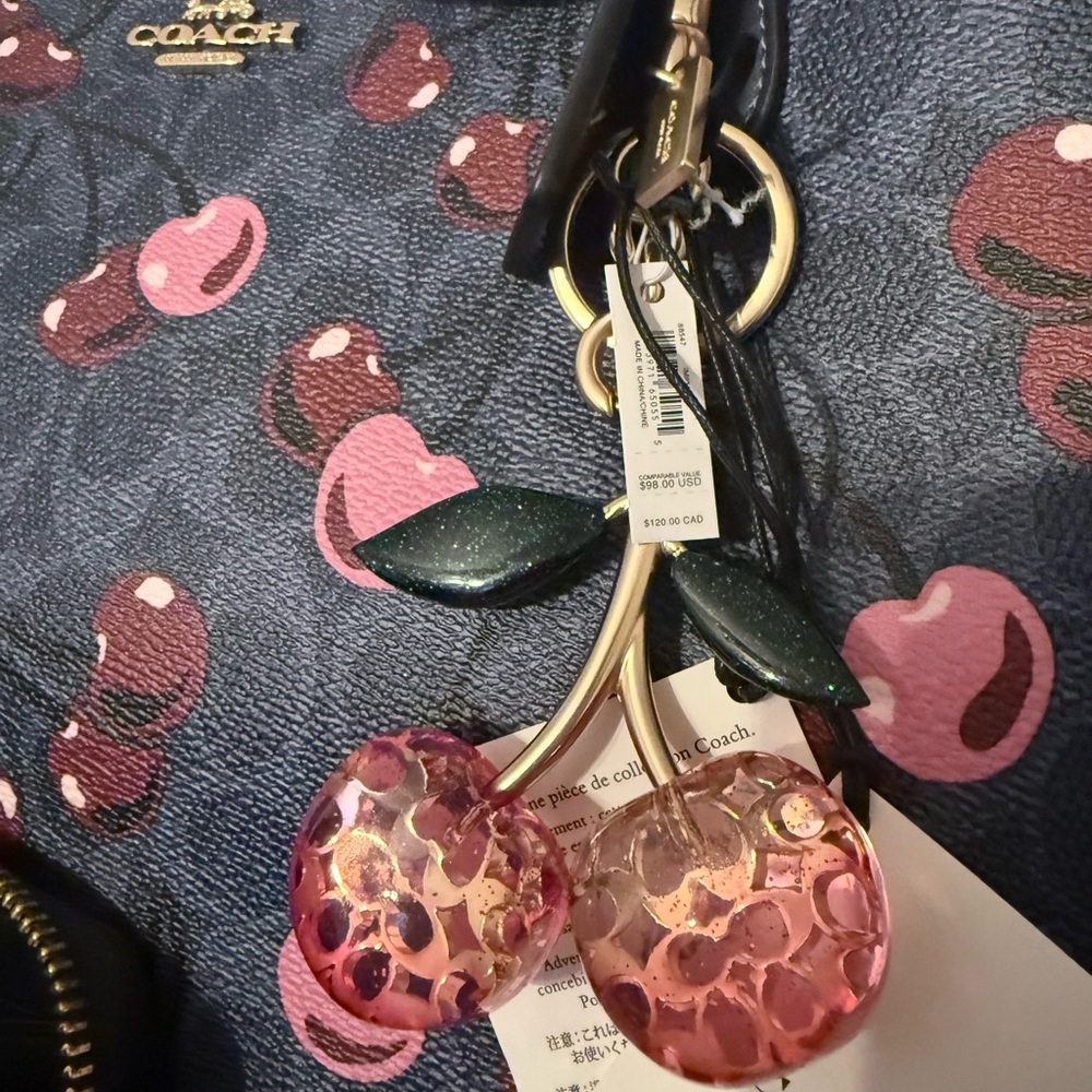 NWT Coach Cherry Print Tote w/Lg Wallet Glitter Wristlet & Bag Charm 4Piece Set - Picture 2 of 9